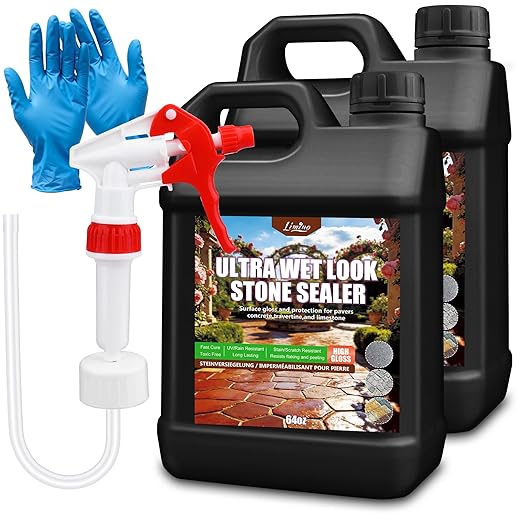 Wet Look Stone Sealer - 1 Gal Ultra Gloss Paver Sealer Stone Color Enhancer Concrete Sealer with Long-Lasting Gloss Protection, Stain Proof for Interior and Exterior Slate, Driveway, Floor, Standstone