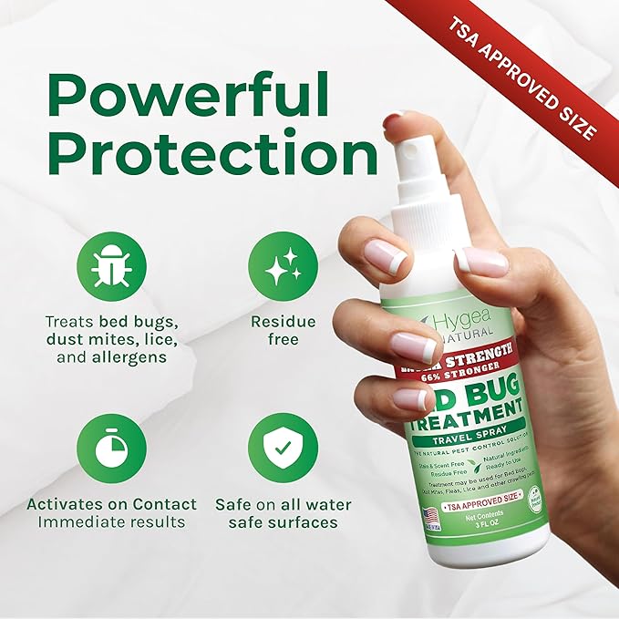 Hygea Natural Extra Strength Bed Bug Killer 3oz Travel Spray –TSA Approved - New Formula 66% Stronger- Stain & Scent Free Treatment – Natural Formula - Child & Pet Safe (50 Pack)