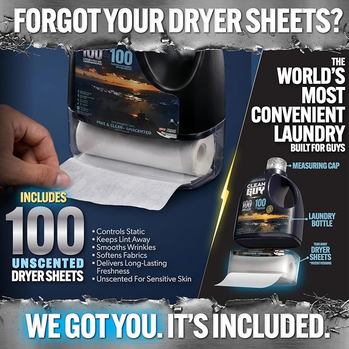 Laundry Detergent with Dryer Sheets | Unscented & Gentle, Sensitive Skin Safe, Deep Cleaning Power, Softens Clothes Without Fragrance - Free & Clear (100 Loads PLUS 100 Dryer Sheets)