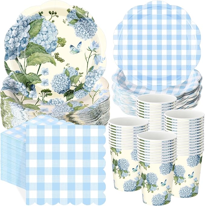 Pickmesh 250 Pcs Blue Hydrangea Party Supplies Blue Floral Gingham Checkered Paper Plates Napkins and Cups Hydrangea Disposable Tableware Set for Summer Wedding Birthday Tea Party Decorations Serve 50