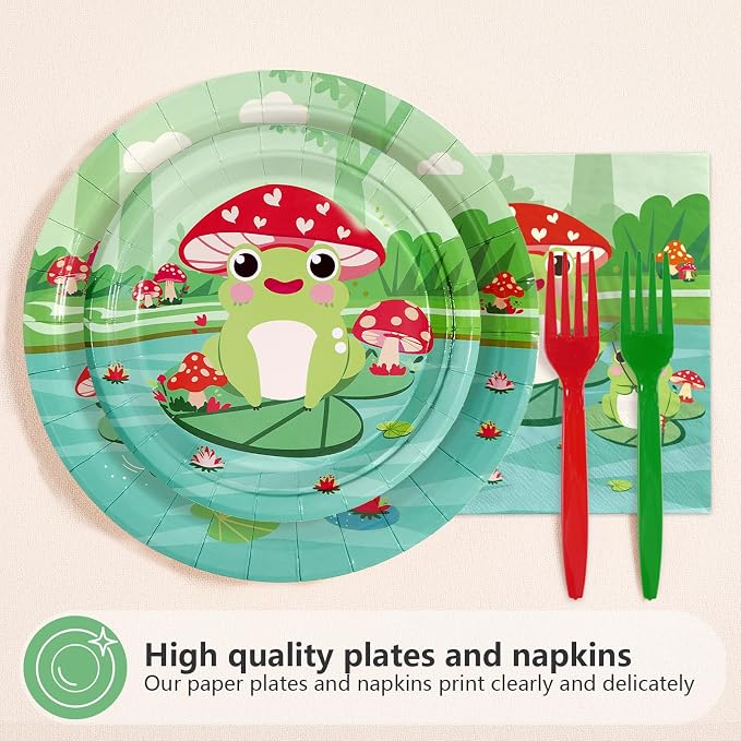 96Pcs Frog Party Supplies Frog Birthday Plates and Napkins Green Animals Tableware Set for Kids Boy Girl Fairy Tale Prince Theme Frogs Birthday Baby Shower Party Supplies，Serves 24