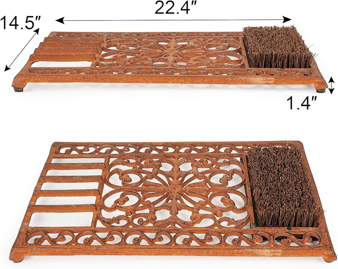 Sungmor Outdoor Cast Iron Doormat, Vintage Boot Scraper with Brushes, Rust Rectangle Shoe Scraper Mat, 22.8" Heavy Duty Decorative Shoe Cleaning Mat for Front Door, Entrance, Garden