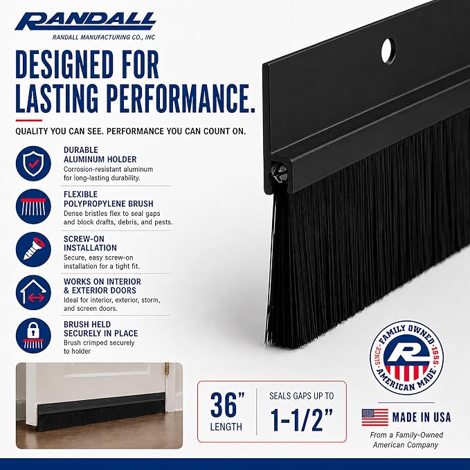 Black Aluminum & Long-Brush Door Sweep – 3 ft (36″) – Seals Gaps Up to 2″ – Pre-Drilled with Color-Matched Screws – All-USA Made Weatherseal for Doors, Garage, Exterior & Interior