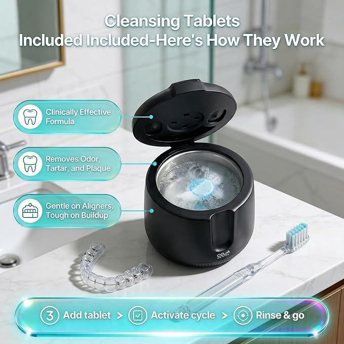 Cleansing Pod PRO + UV | Rechargeable Ultrasonic Retainer Cleaner Machine | 48kHz Ultrasonic Dental Pod for Mouthguard, Dentures & Aligners | 3 Cleaning Modes | Tablets Included