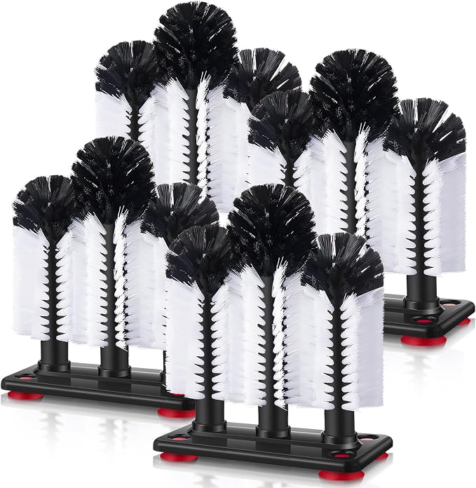 Havawish 4 Pack Water Bottle Cleaning Brush with Suction Base, 3 Head Bristle Bar Glass Washer for Sink, Washer Brush Cleaner for Bar Beer Cup, Wine Glass, Long Leg Cup Kitchen Tools