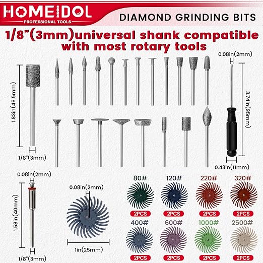 40Pcs Diamond Burr Bits Compatible with Dremel Polishing Kit, HOMEIDOL Diamond Bits for Dremel Tool Accessories, 1" Radial Bristle Disc Kit with 1/8" Shank Engraving Bits for Stone Ceramics Metal
