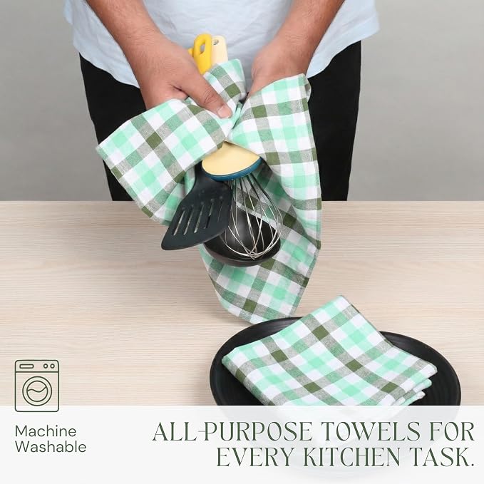 Checked Kitchen Towels 4 Pack, 18"x26", 100% Cotton, Absorbent Dish Towels for Kitchen Drying, Reusable Dishcloths for Cleaning, Quick Dry Wash Rags - Mint Green, Aqua Green, White