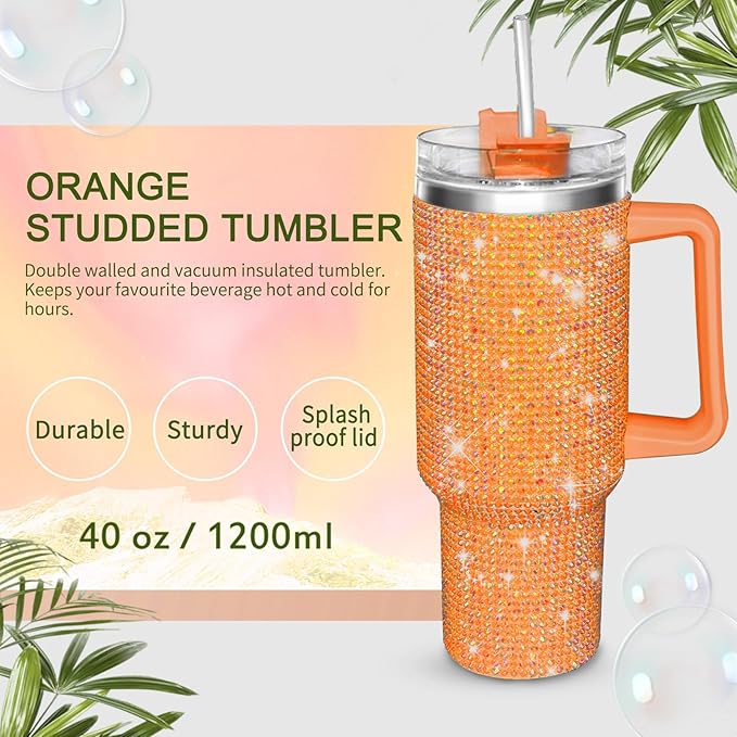 HWISDMIG 40oz Tumbler with Handle-Glitter Rhinestones Tumbler Bling Cups Stainless Steel Water Bottle Diamond Studded Tumbler for Women-Birthday Gifts for Women, Mom, Girlfriend (Orange)