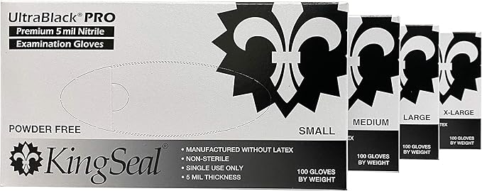 KingSeal UltraBlack-PRO Nitrile Exam Gloves, 5 MIL, Black, Professional Grade - 10 Boxes of 100 (1000 Count)