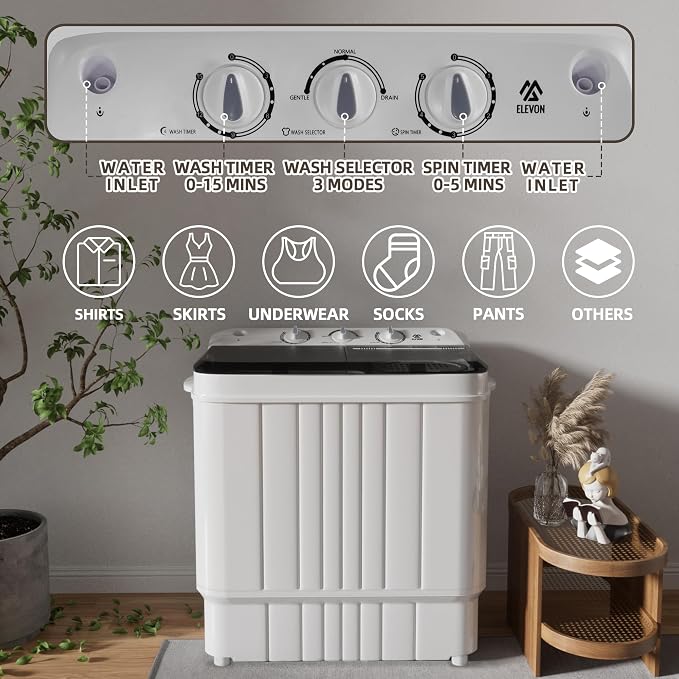 Elevon Portable Washing Machine Twin Tub 17.6 Lbs Capacity, (11 Lbs) and Spinner(6.6 Lbs) Combo Mini Compact Laundry Washer for Home, Apartment, Camping, RVs and Dorms, Black/White
