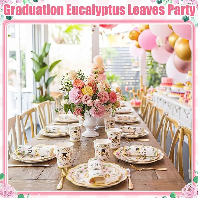 Pickmesh 250 Pcs Class of 2026 Graduation Party Supplies for 50, Pink and Gold Floral Congrats Grad Paper Plates Napkins Cups Disposable Graduation Party Tableware Set for Grad Table Decoration