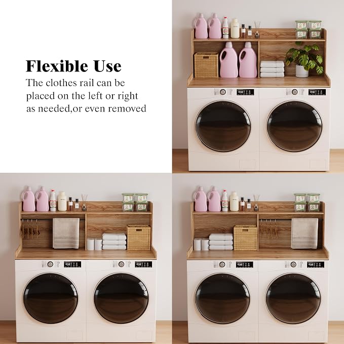 Unionly 2-Tier Washer Dryer Countertop with Clothes Rail，Laundry Topper with Edge and Non-Slip Pad for Washer and Dryer Laundry Hamper Counter Storage Organization (Light Oak Brown, Full)