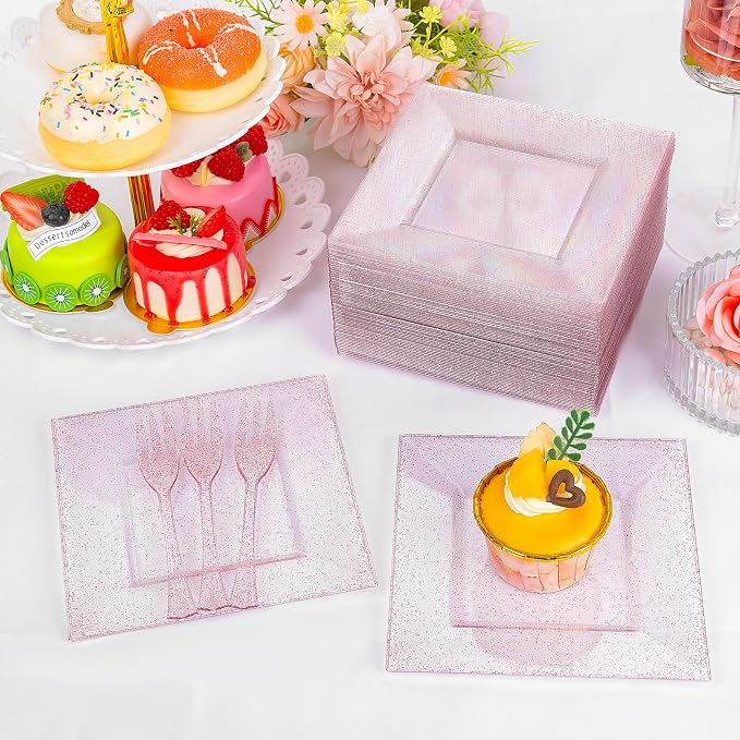 DaYammi 100Pcs Pink Dessert Plates with Forks Including 50Pcs Appetizer Plates,50Pcs Plastic Forks,Glitter Square Plate pink Disposable plates for Wedding,Plastic Cake Plate for Party Bridal Shower