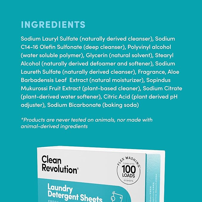 Clean Revolution Laundry Detergent Sheets, 50 Sheets, 100 Loads of Laundry, Fresh Linen, Septic Safe, Dissolves Completely, USA Produced and Inspected
