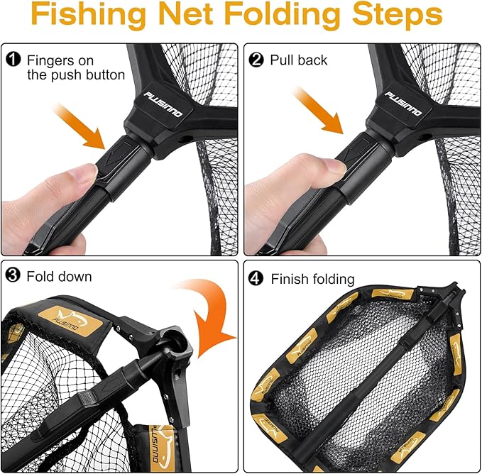 PLUSINNO Floating Fishing Net for Steelhead, Salmon, Fly, Kayak, Catfish, Bass, Trout Fishing, Rubber Coated Foldable Landing Net with Fixed or Telescoping Pole Handle, Fishing Gear and Gifts for Men