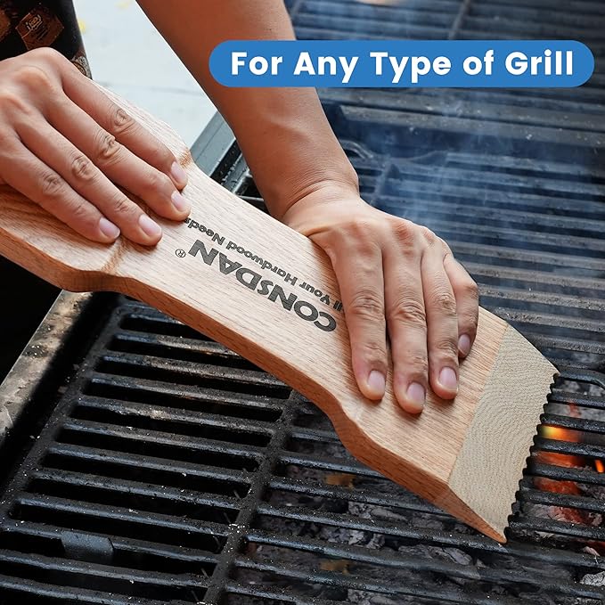 CONSDAN Wood Grill Scraper, Soild Oak Wooden Grill Brush, Grill Scraper for Outdoor Grill, Bristle Free Grill Scrapers, Grill Grate Cleaner Safe Wood Grill Brusher