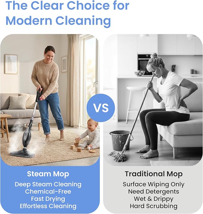 Simple Deluxe 10-in-1 Steam Mop, 1550W Detachable Handheld Steam Cleaner with 16FT Cord & 2 Pads, Multi-Surface Floor Steamer for Hardwood, Tile, Carpet, Windows, Grey