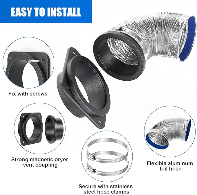 Magnetic Dryer Vent Coupling, Magnetic Dryer Vent Connector Kit, Strong Magnet Dryer Vent Quick Connect Disconnect Easy to Clean Airtight Seal 4" Exhaust Vent Hose Magnet Self-Alignment