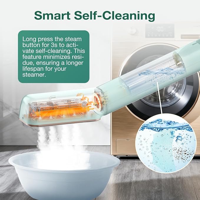 Newbealer 3in1 Travel Iron, 100-240V Clothes Steamer, 2 Steam Levels, Green | Portable for On-the-Go, Heats in 20s, Dry Iron w/ Clamp, 180° Rotatable Head, 360° Leak-Proof, Auto-Off, Self-Cleaning, 90ml