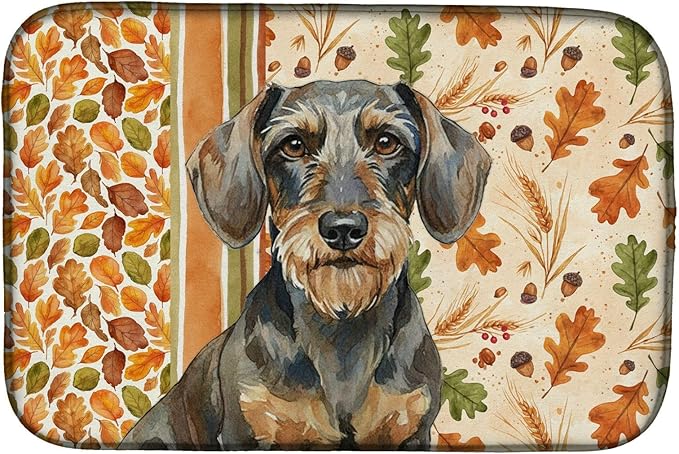 Caroline's Treasures Wirehaired Wild Boar Dachshund Heirloom Fall Dish Drying Mat Absorbent Dish Drying Mat Pad for Kitchen Counter Dish Drainer Mat for Countertop, 14 x 21", Multicolor