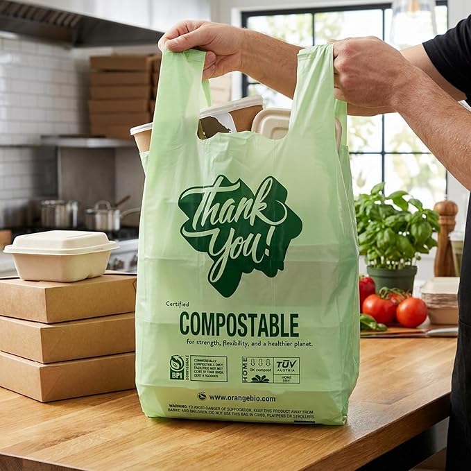 (Small) OrangeBio Certified Home Compostable Shopping Bags, 500 ct, Hold 12 lbs, 8" x 5" x 16.5", Thank You/Grocery/Take Out/T Shirt/To-Go Bags for Retail, Grocery Store