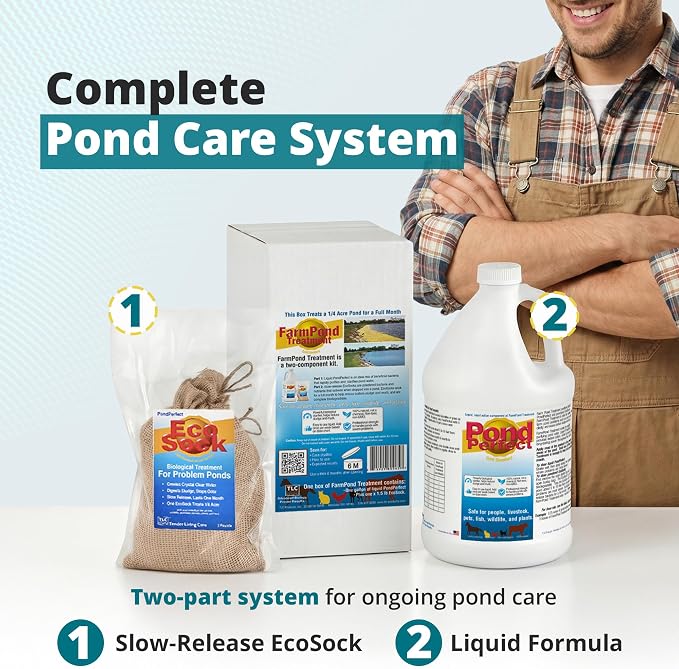 TLC Farm Pond Treatment – PondPerfect Liquid & EcoSock Dual System, Pond Bacteria for Larger Outdoor Ponds – 1 Box Treats Up to 1/4 Acre – 24 Gallon + 24 EcoSock