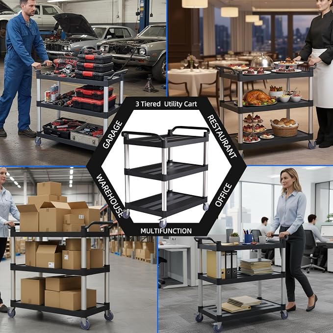 Utility Cart with Tangle-Free Wheels, 3 Tier Rolling Cart with Wheels(2 with Brakes), Heavy Duty 350 Lbs Capacity,Commercial Serving Cart for Home, Office, Restaurant, Warehouse.34 L x 17" W x 38" H