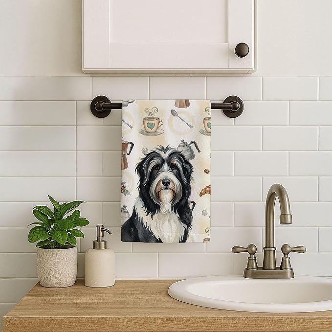 Caroline's Treasures Black Bearded Collie Coffee Bar Kitchen Towel Velour Plush Front and Cotton Loop Back Machine Washable