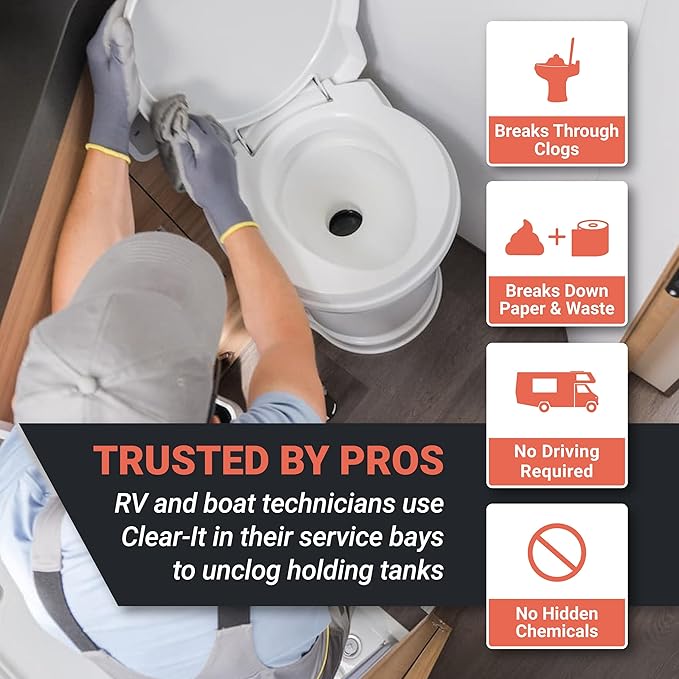 Unique Clear-It RV Black Tank Unclogger Liquid – Breaks Through Pyramid Plugs, Compacted Tanks & Clogged Pipes Without Messy Tools (32 oz) Amazon-Exclusive Packaging