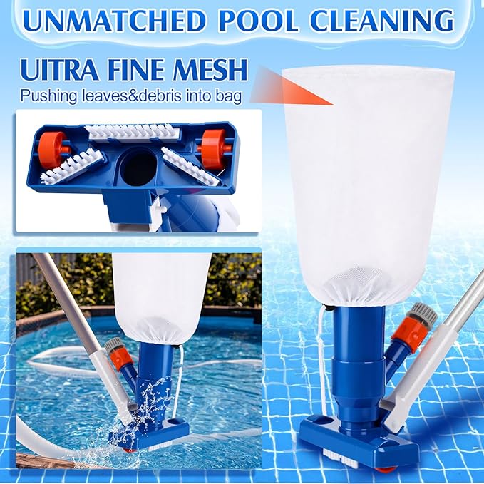 Potchen 4 Pcs Pool Cleaning Kit for Above Ground, Includes Vacuum Head, Brush Head, Mesh Skimmer Net and Pool Chlorine Floater, Perfect for Spa Hot Tub Walls Floors Maintenance(Spa Jet)