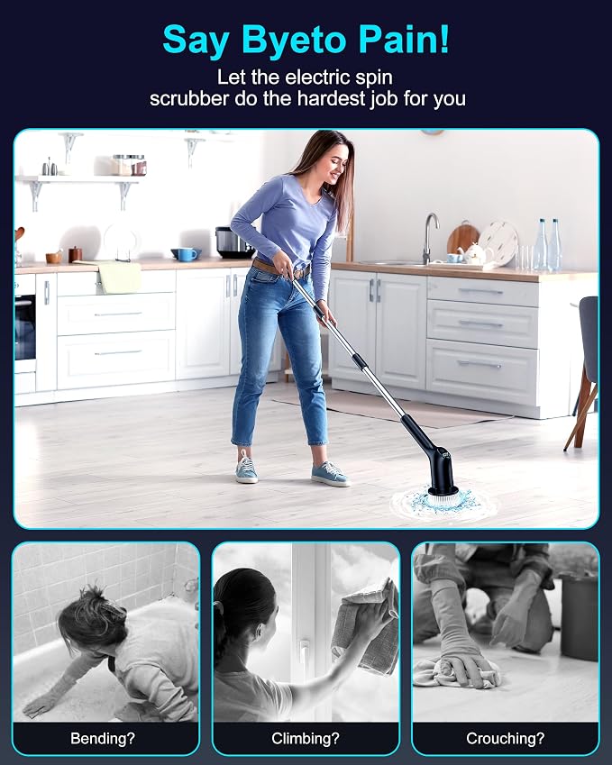 Shower Scrubber with Long Handle for Cleaning Bathroom, Electric Spin Scrubber Cleaning Brush with IPX7 Waterproof & 2Speed, 3Brush Heads, Bathroom Cleaning Supplies for Shower Tub Tile Toilet, Black