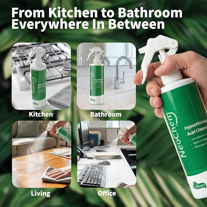 Hypochlorous Acid Spray For Cleaning, 500ppm Hypochlorous Acid,Cuts Grease, Removes Stains, Eliminates Odors - No Rinse, No Harsh Fumes, Biodegradable (16oz)