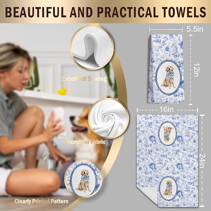 Chinoiserie Golden Retriever Gifts Kitchen Towels, Blue and White Floral Golden Retriever Decorative Dish Towels, Grandmillennial Botanical Dog Hand Towels for Kitchen Bathroom, 16x24 Inch