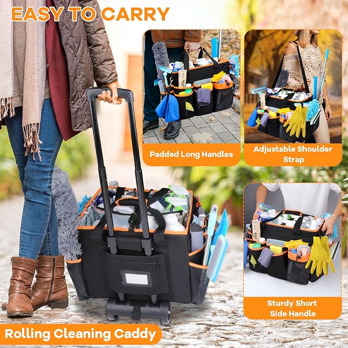 COVKEV Rolling Cleaning Caddy with Wheels& Built-in Board, Extra Large Cleaning Caddy Bag with Detachable Trolley, Water Resistant Lining Cleaning Supplies Organizer on Wheels for Housekeepers (Black)