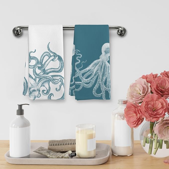 Aqua Teal Coastal Octopus Decor Dish Hand Tea Towels for Bathroom Kitchen, Octopus Ocean Nautical Beachy Bathroom Decor, Coastal Nautical Kitchen Towels and Dishcloths Sets of 2, 16x24 Inch