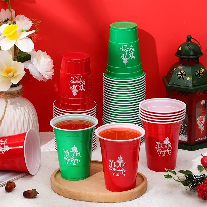 Sliner 60 Pcs 16 oz Christmas Disposable Cups Bulk Plastic Coffee Team Naughty or Nice Plastic Disposable Drinking Cups for Party Drinks Supplies