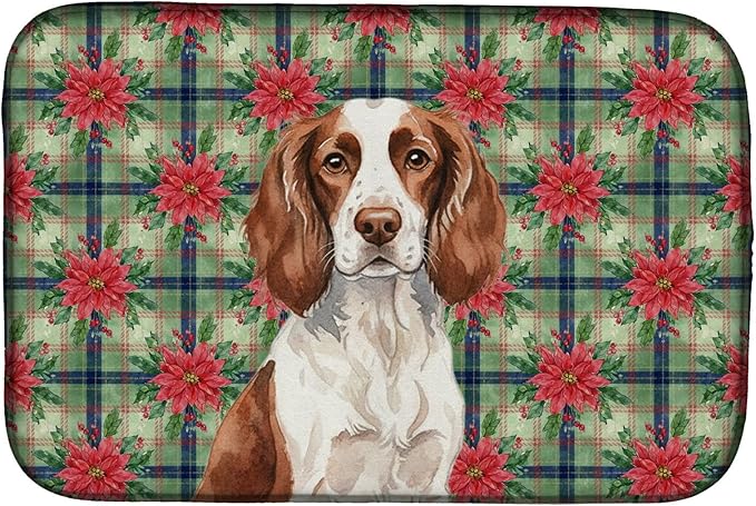 Caroline's Treasures Liver and White English Springer Spaniel Christmas PoinsettIas Dish Drying Mat Absorbent Dish Drying Mat Pad for Kitchen Counter Dish Drainer Mat for Countertop, 14 x 21"