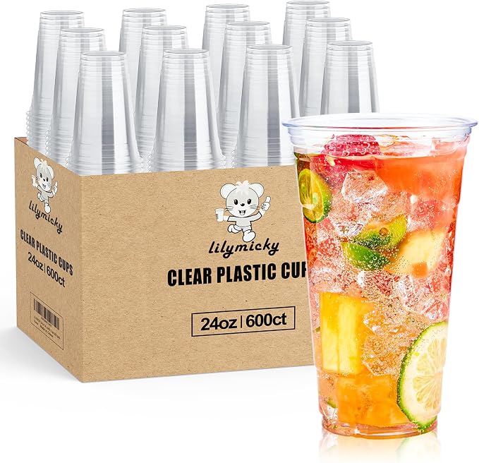 Lilymicky 600 Pack 24 oz Clear Plastic Cups, PET Disposable Drinking Cups, Crystal Clear, Perfect for Ice Coffee, Smoothie, Soda, or Any Cold Drinks