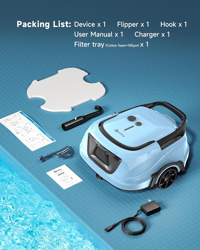2026 Cordless Robotic Pool Vacuum for Above Ground Pools, Automatic Pool Cleaner Featuring Powerful Suction, LED Status Light & Dual‑Layer Filters, 2.5‑Hour Rapid Charging, Self‑Parking，Blue