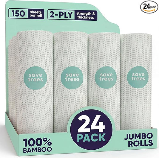 Save Trees Bamboo Paper Towels 24pk - 3600 Sheets Rolls Ultra Absorbent & Durable Eco-Friendly Paper Towels -FSC-Certified, Vegan