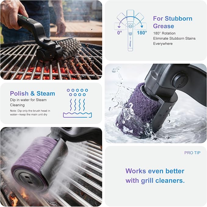 Electric Grill Brush, 20kg High Torque BBQ Cleaner with 3 Speed Modes, Reinforced Steel Bristle Scrubber, Type-C Rechargeable, Safe for Cast Iron & Porcelain Grates