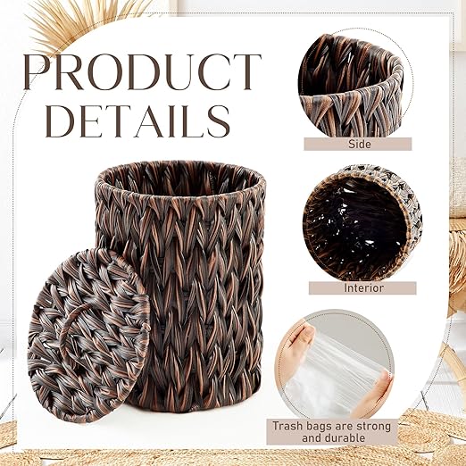 Ctosree 1.3 Gallons Small Trash Can with Lid Handle Boho Woven Braided Bathroom Waste Basket Trash Can with 100 Garbage Bags for Bedroom Office Laundry(Braided Polypropylene, Dark Brown)