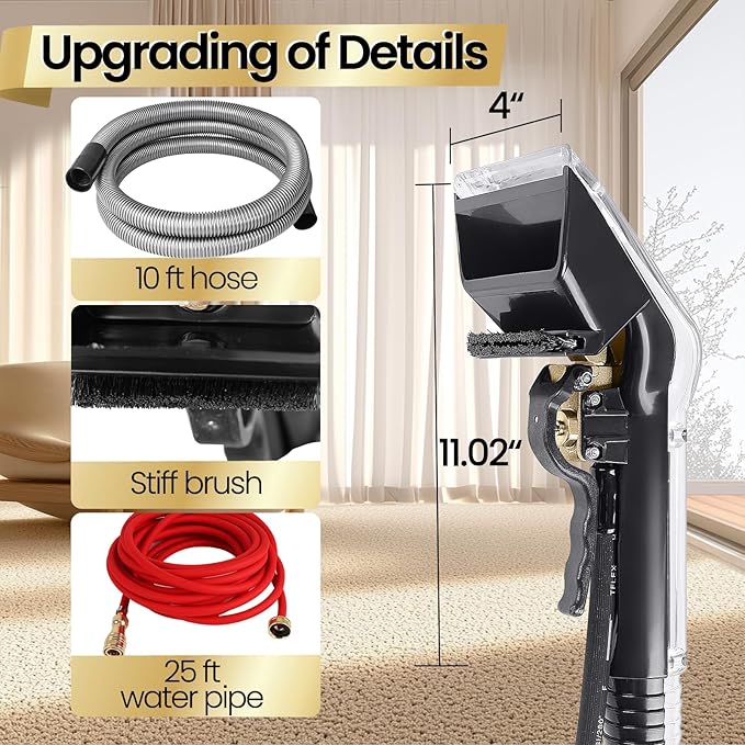 【Upgrade Hard Bristle Brush】Better Extractor Hose Kit for Shop Vac, with 10FT Hoses and 25 FTWater Pipes, Thick transparent shell, Turns Vacuum Cleaner into Carpet Cleaning Machine,2-Year Warranty