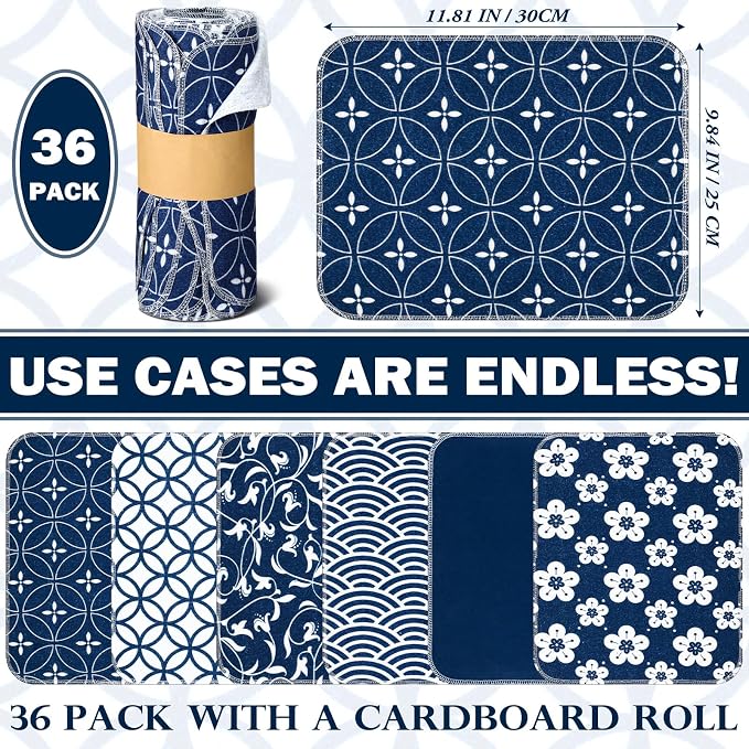 36 Pack Japanese Reusable Cleaning Cloths Washable Cotton Kitchen Towels for Home (Blue)