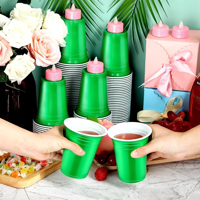 Sabary 100 Pack 12oz Plastic Cups Green Graduation Heavy Duty Drinking Disposable Cups with Lines for Beverage Holiday Camping Barbecues Birthday Party Summer Outdoor Picnic(Green and White)