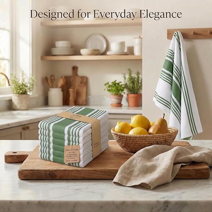 Urban Villa Kitchen Towels 100% Cotton Dish Towels for Kitchen (Set of 6)20”x30” Dish Cloths Highly Absorbent Kitchen Linen Set with Hanging Loop Perfect for Drying Dishes Cleaning Towels-Green White