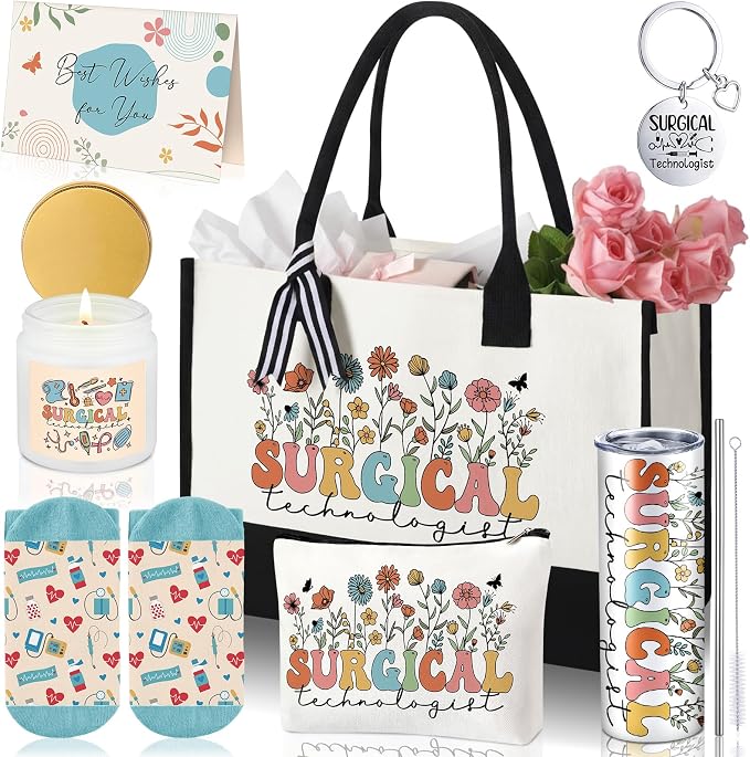 Patelai 7 Pcs Surgical Tech Gifts for Women, Surgical Technologist Graduation Appreciation Gift Box Thank You Doctor Gifts Set with 20oz Tumbler Canvas Tote Makeup Bag for Technology Staff