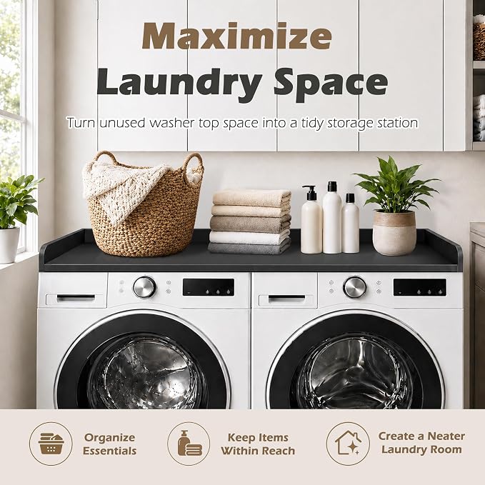 Royxen Washer Dryer Countertop with Solid Wood Core,54“W x 27.5D Laundry Countertop with Edge Rails,Washer and Dryer Topper for Laundry Room Organization (Black)