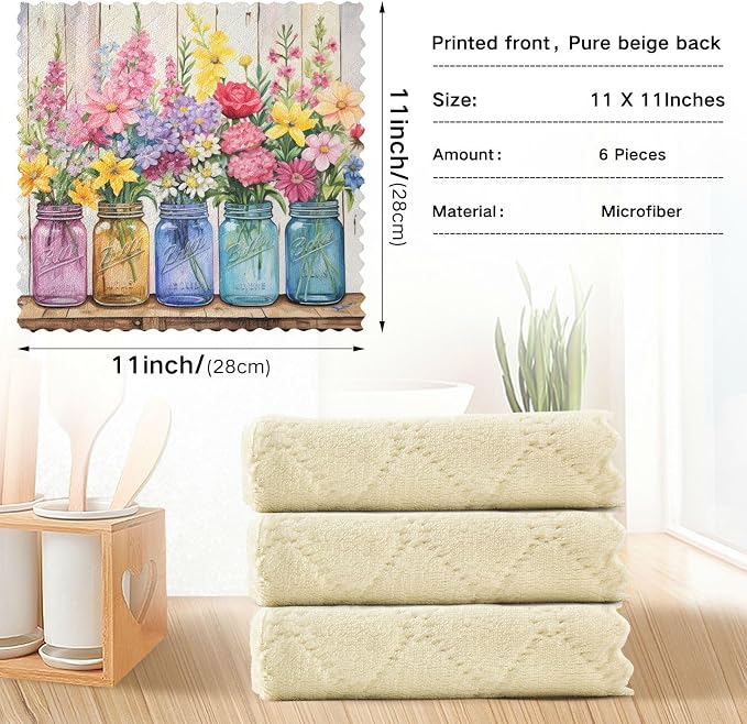 ALAZA Kitchen Towels Spring Floral Jars Rustic Dish Towels Multipurpose Reusable Dish Cloths Soft Cleaning Cloth Kitchen Accessories Set of 6,11"x11"