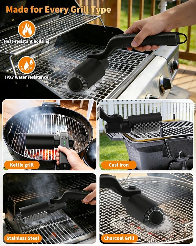 Electric Grill Brush, 3-Speed Rotary BBQ Cleaning Tool with 180° Adjustable Head,90-Minute Runtime,USB-C Rechargeable,Stainless Steel Bristle Brush for Gas,Charcoal and Ceramic Grills